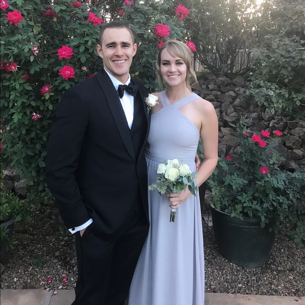 Lulu’s grey maxi bridesmaid dress